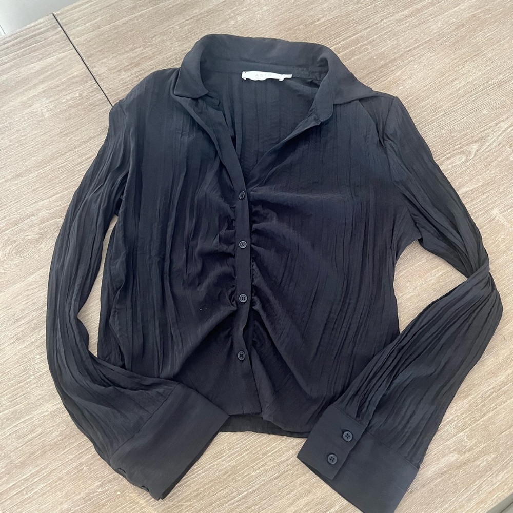 Astr Black Ribbed Button Down Shirt with Notched Collar